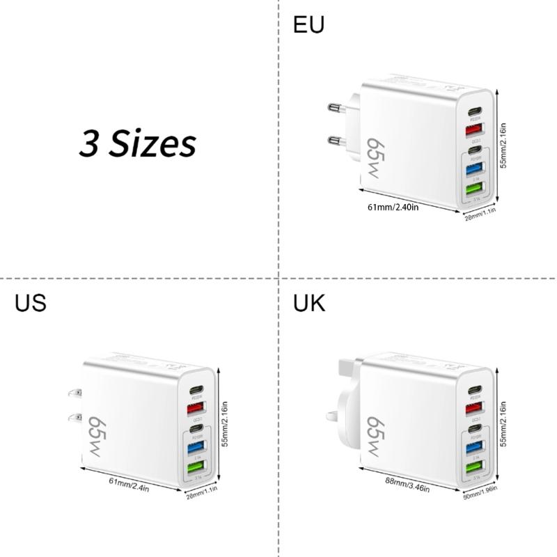Практичный зарядный хаб 65 Вт, порт USB Type C, автоматическая регулировка мощности, одновременная зарядка для различных устройств