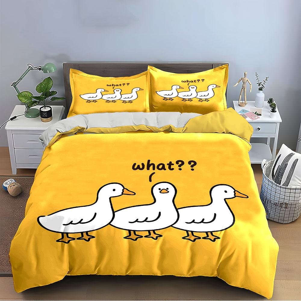 Funny Ducks With "What??" Text Bedding Duvet Cover Set (1*Duvet Cover 2*Pillowcases, without duvet insert)