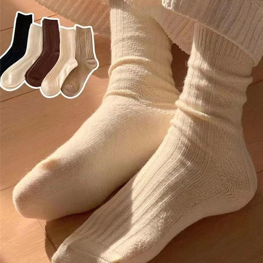 Rhombus Wool Retro Twist Medium Tube Simple Warm Brown Stacking Socks Stockings