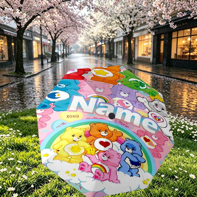 Custom Name Personalized Care Bears Print Umbrella, Auto Open Close, 8‑Rib Sturdy Frame, Commute Camping Hiking Use, Birthday Gift