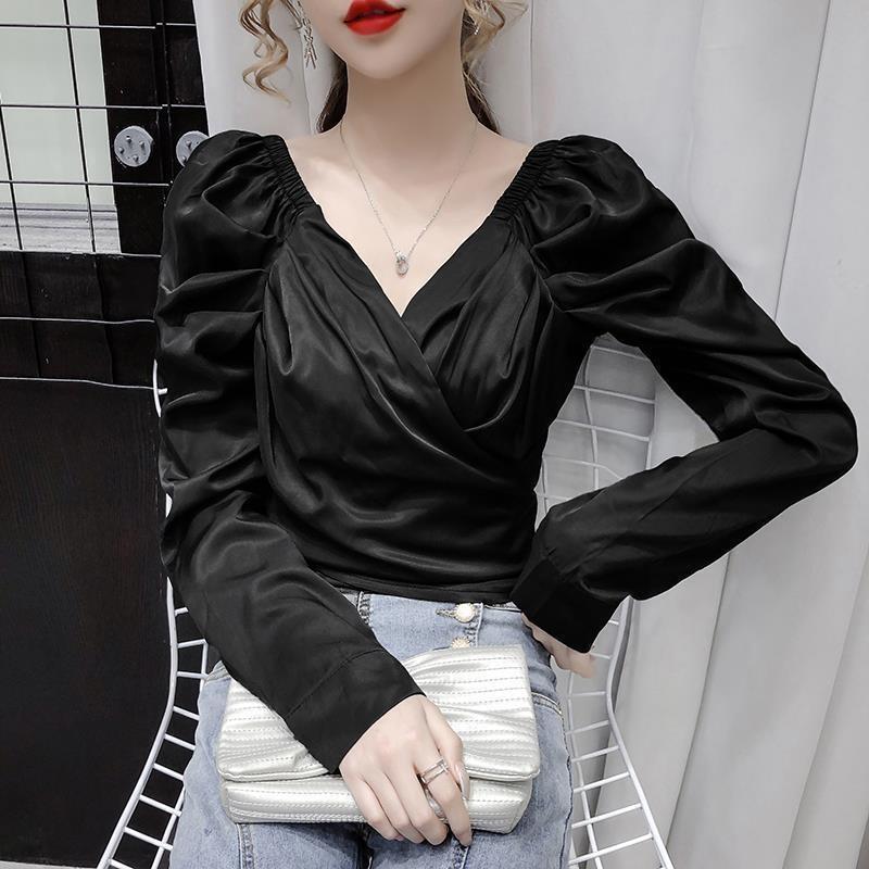 New Autumn Women's Design V-neck Bubble Temperament High-waisted Short Top