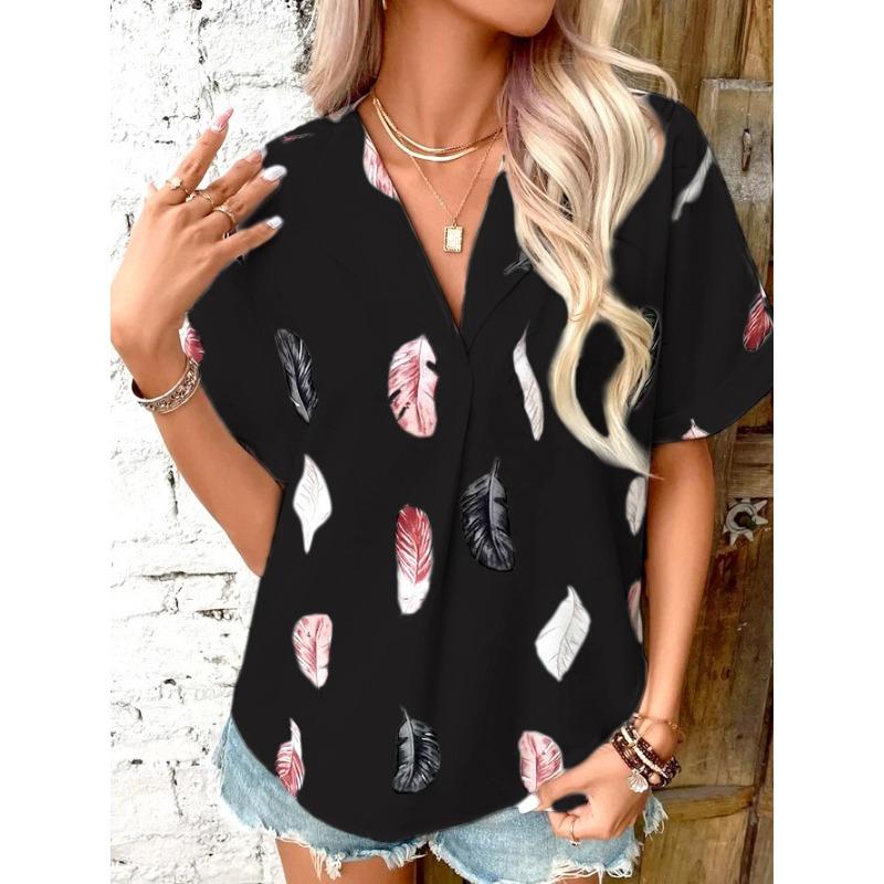 Women's Fashion Casual Summer Spring Feather Print Short Sleeve POLO Neck Blouses & Shirts