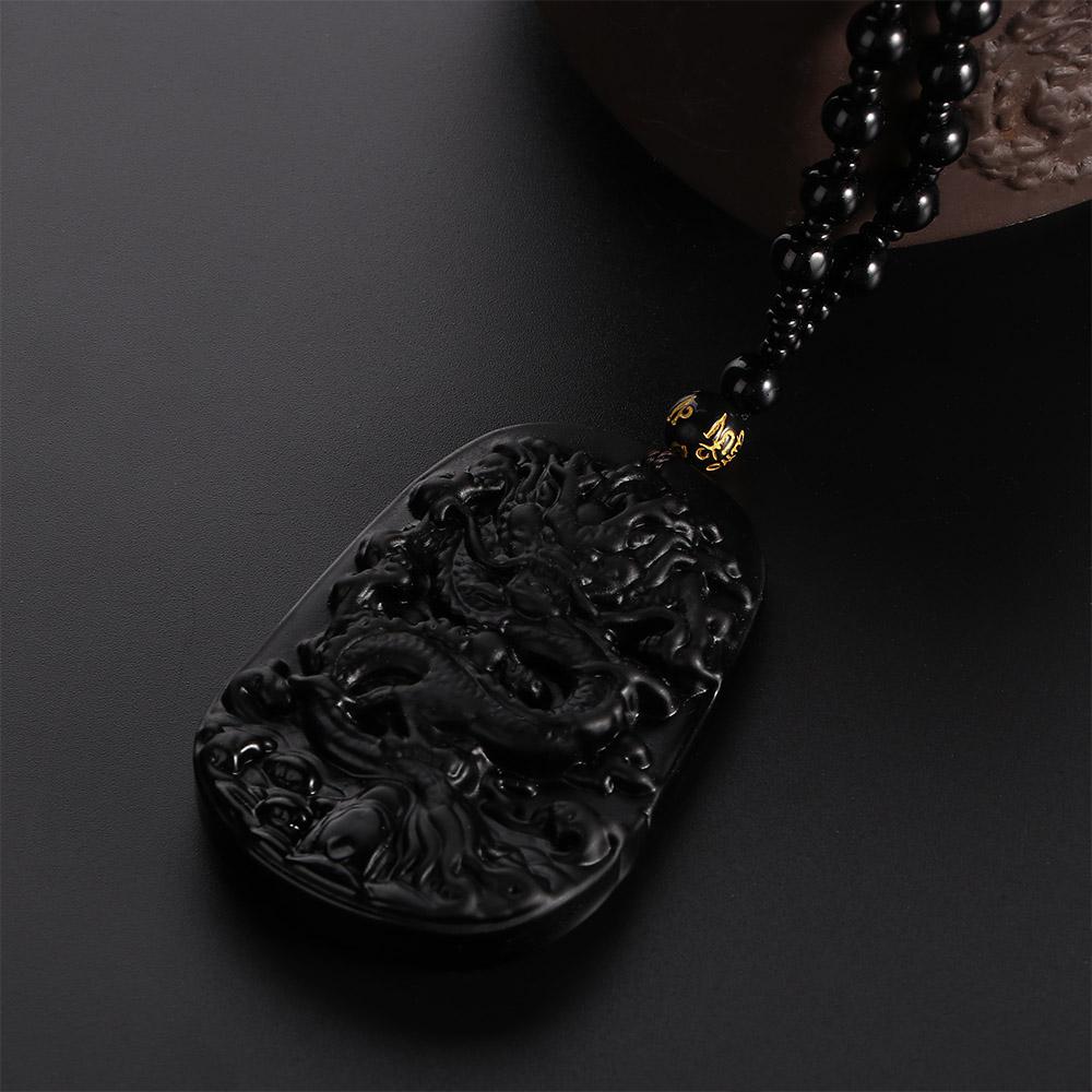 for Men Auspicious Beaded Chain Stone Rope Dragon Totem Pendent Necklace Carved Natural Obsidian