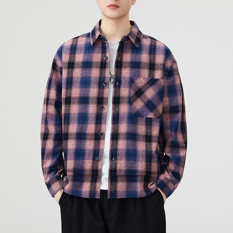 High Street Cotton Plaid Shirt Men's Layered Long Sleeve Jacket