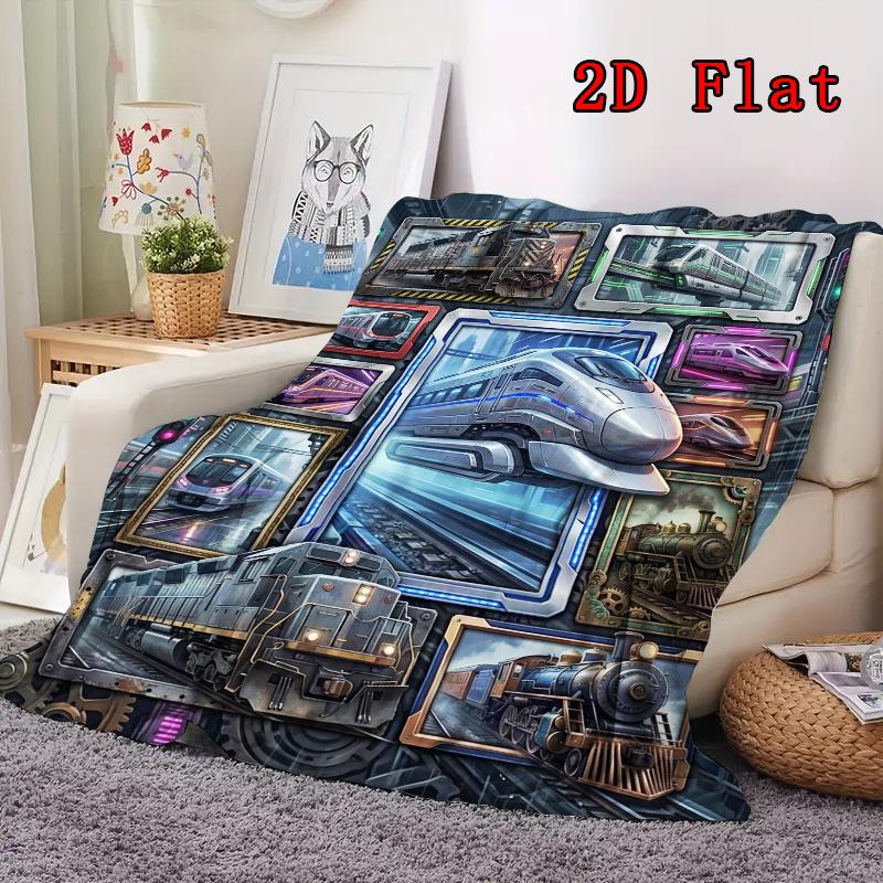 Train Evolution Showcase 2D Flat Pattern Flannel Blanket, High Quality All Seasons, Home Decor, Warmth and Comfort, Perfect for Christmas Gifts.