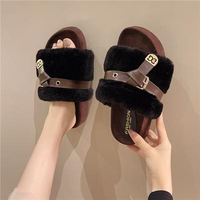 Премиальные красивые тапочки из овечьей шерсти женские уличные на платформе 2025 новый осенне-зимний супер огонь модные женские шлепанцы
