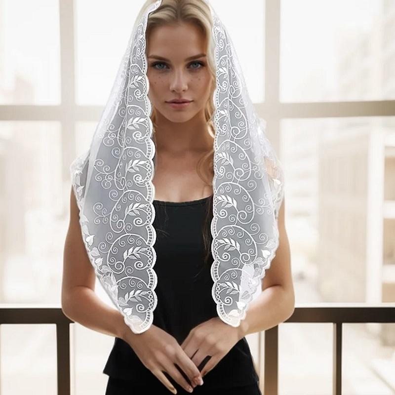 Embroidered Lace Triangle Scarf Prayer Veil Church Hijab Towel Women Veil Solid Floral Triangle Scarf Headband Hijabs
