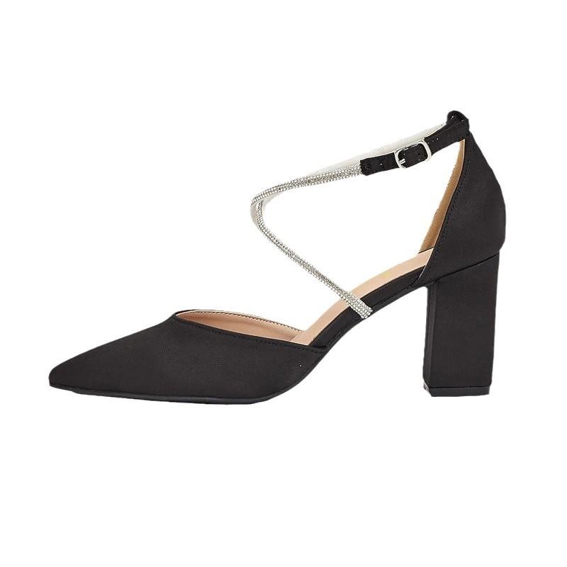 Coarse Heel High Heels Hollow Pointed Cross French Rhinestone Strap Solid Color Satin Heels Women's One-Word Strap Wide Large Size