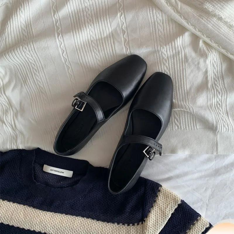 Модные минималистичные кожаные туфли весна/осень для женщин, новые однобортные туфли Мэри Джейн с пряжкой, женские туфли-лодочки на плоской подошве