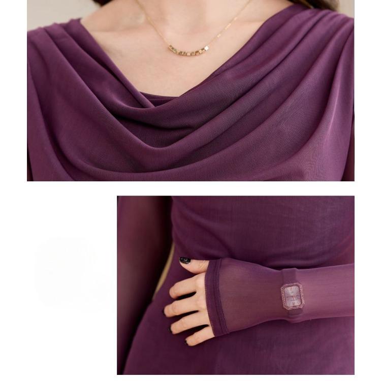 Осенняя элегантная блузка для похудения, женская сетчатая рубашка с длинным рукавом, модная облегающая футболка с драпировкой и воротником, базовая рубашка