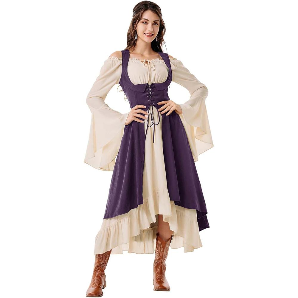Women Renaissance Costume Underbust Pirate Peasant High Low Dress with Pockets