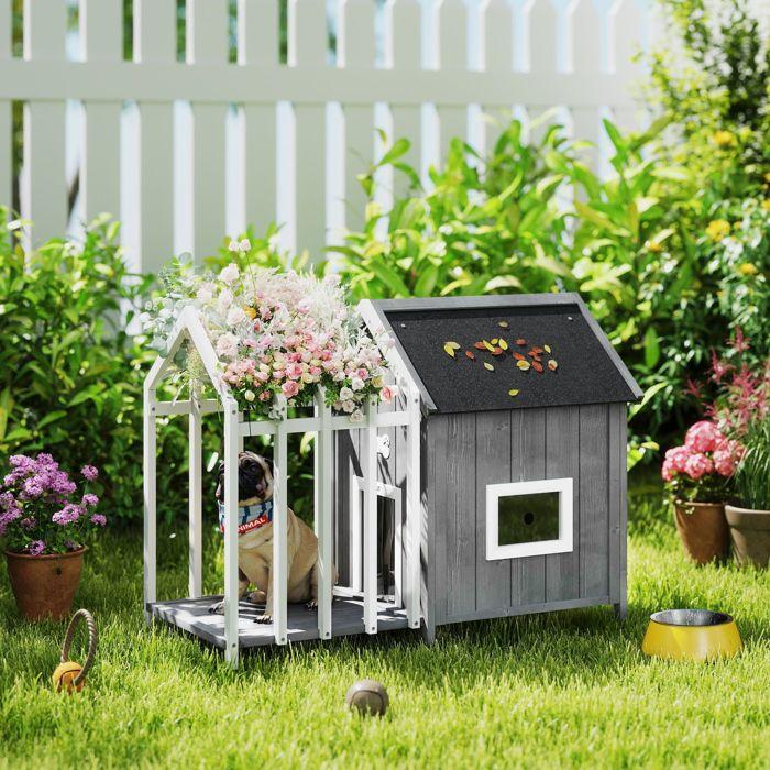 Wooden Outdoor Dog Niche Outdoor Dog House with Terrace, Slatted Door, 106 x 62.5 x 80.5 cm, Grey