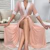 Elegant Lace-Trimmed Open-Front V-Neck Satin Bathrobe for Women