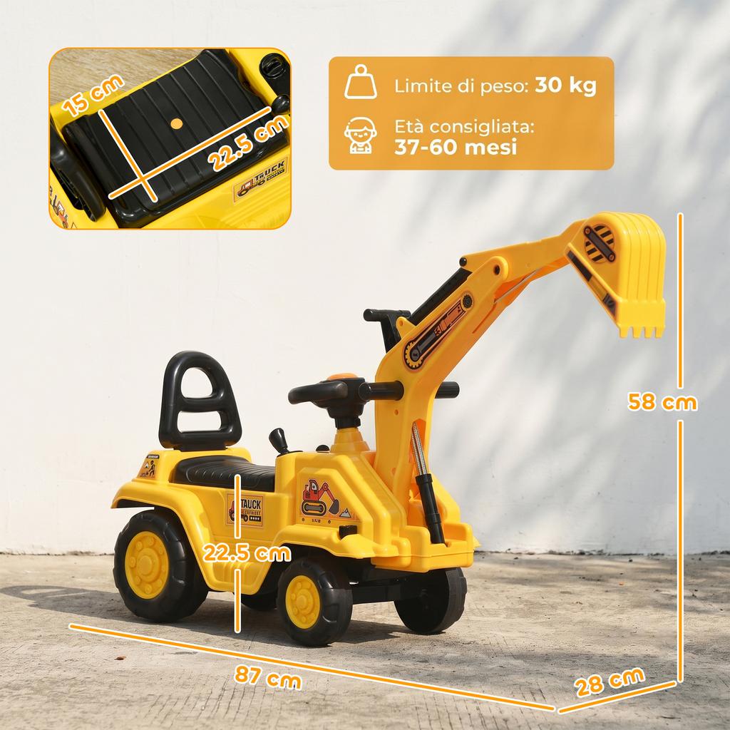 Kids' Excavator with Bucket and Storage. Horn. Steering Wheel. Ages 18-48 Months. Yellow