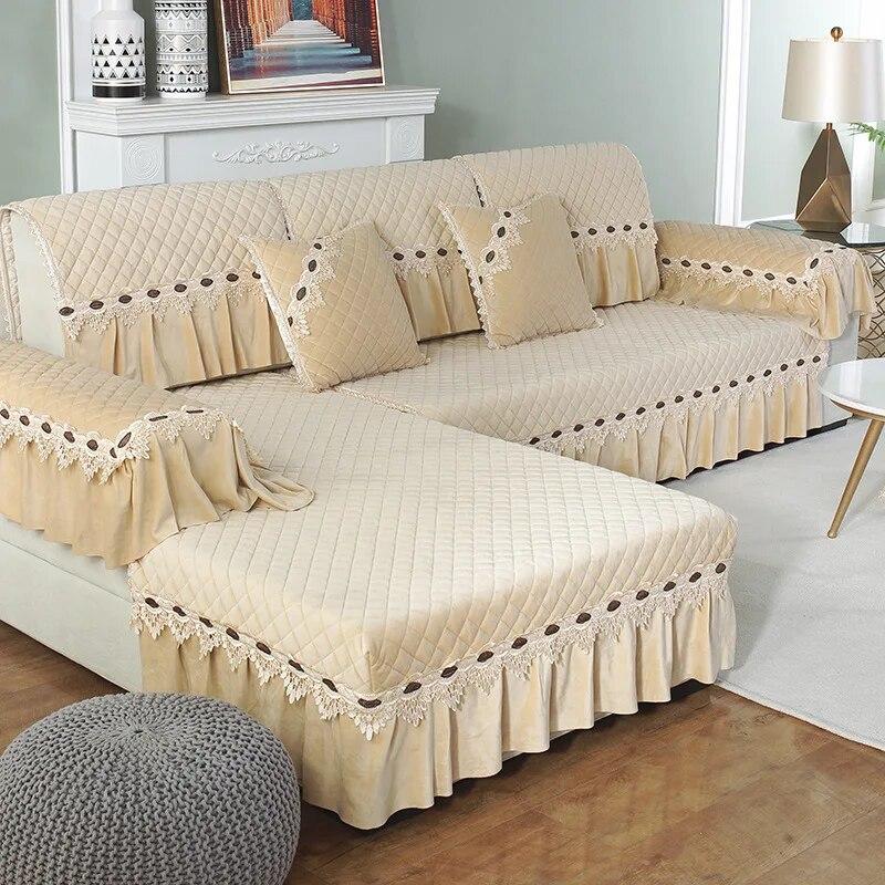 Европейский плюшевый чехол для дивана, роскошная вышивка, кружевное полотенце на спинку дивана, нескользящее диванное полотенце для гостиной, L-образные чехлы для диванов