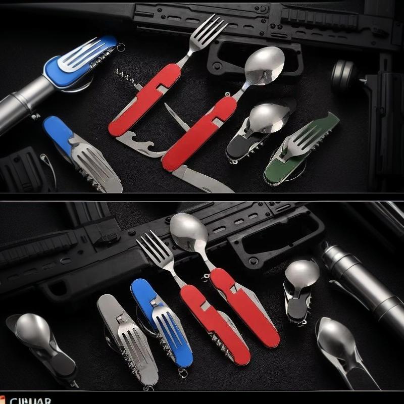 Corrosion Resistant Portable Folding Stainless Steel Cutlery Set Fork Spoon Knife Bottle Opener for Picnic Travel Daily Use