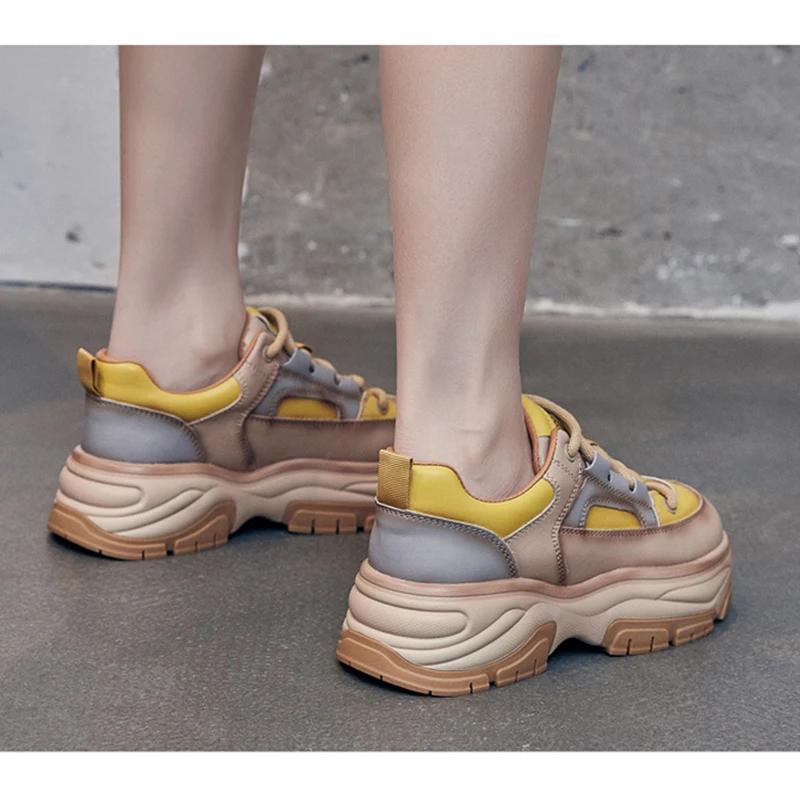 Genuine Leather 5cm Height Increasing Comfortable Flat Fashion Sneakers for Women Spring Autumn Daily Casual Walking Footwear