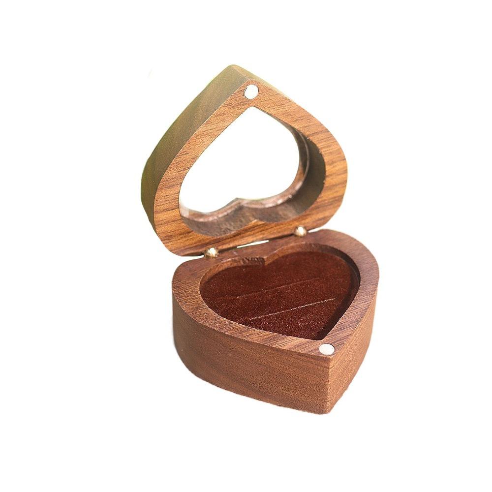 Transparent Cover Walnut Wood Rings Box 2 Slots Rings Bearer Box Simple Heart Rings Holder  Propose