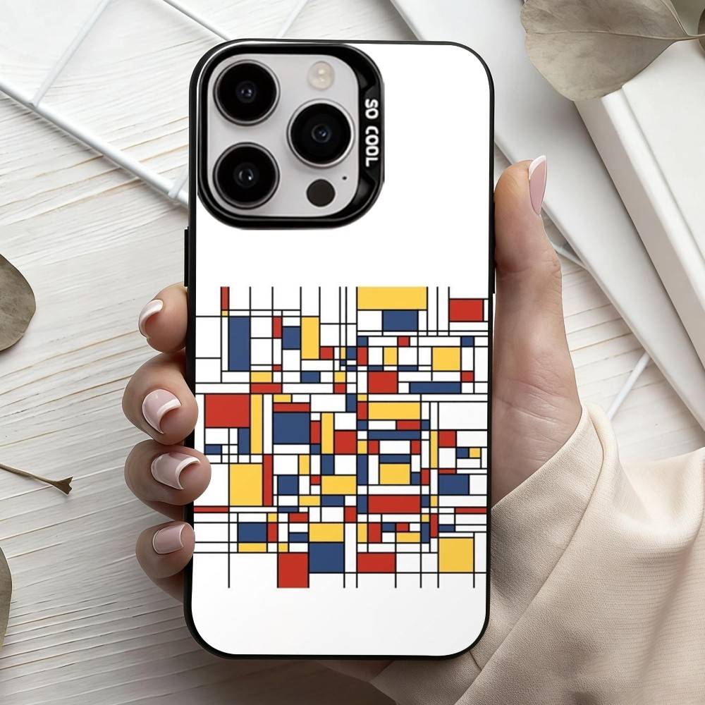 M-Mondrian-B-Bauhaus A-Abstract Shapes Phone Case For iPhone17,16,15,14,13,12,11 Plus,Pro Max Black Candy Silver Plated Cover