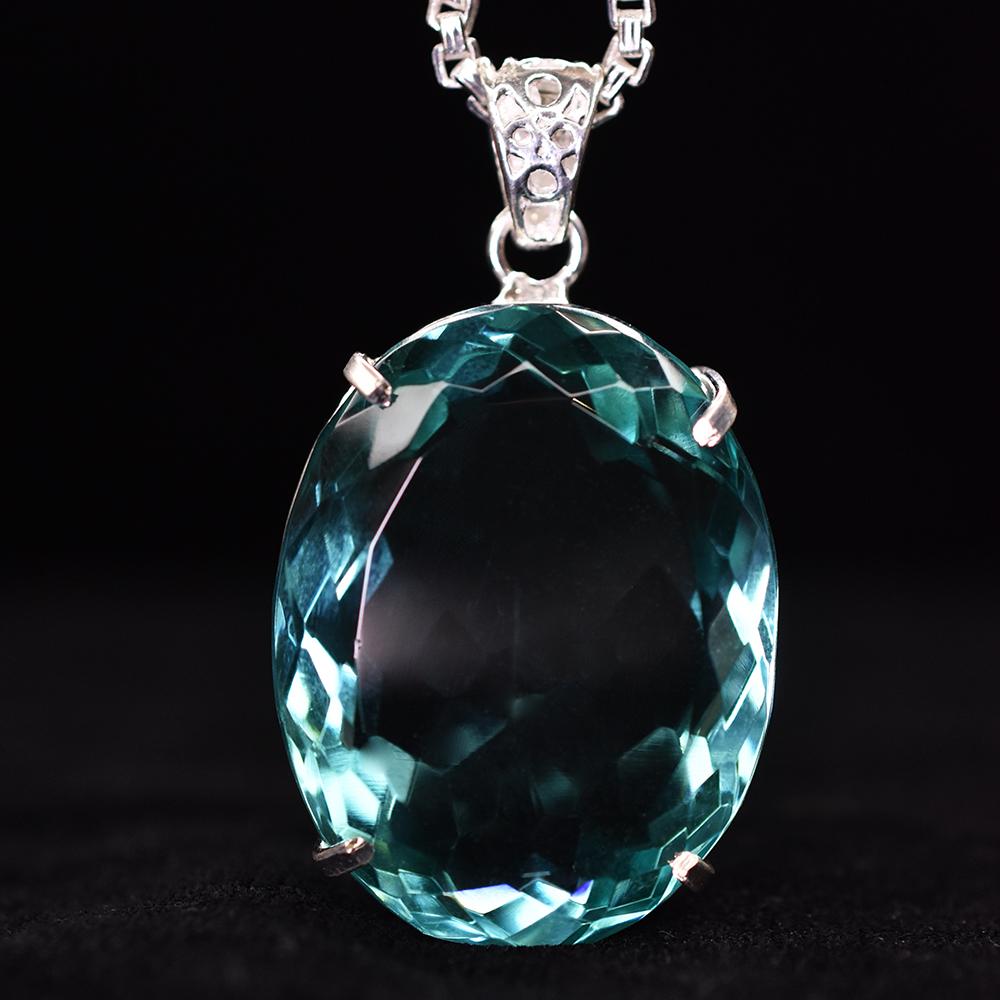925 Sterling Silver Oval Pendant Aquamarine 137 Ct Lab Created