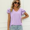Women's Spring and Summer Solid Color Double-sleeve V-neck Loose Short-sleeved T-shirt
