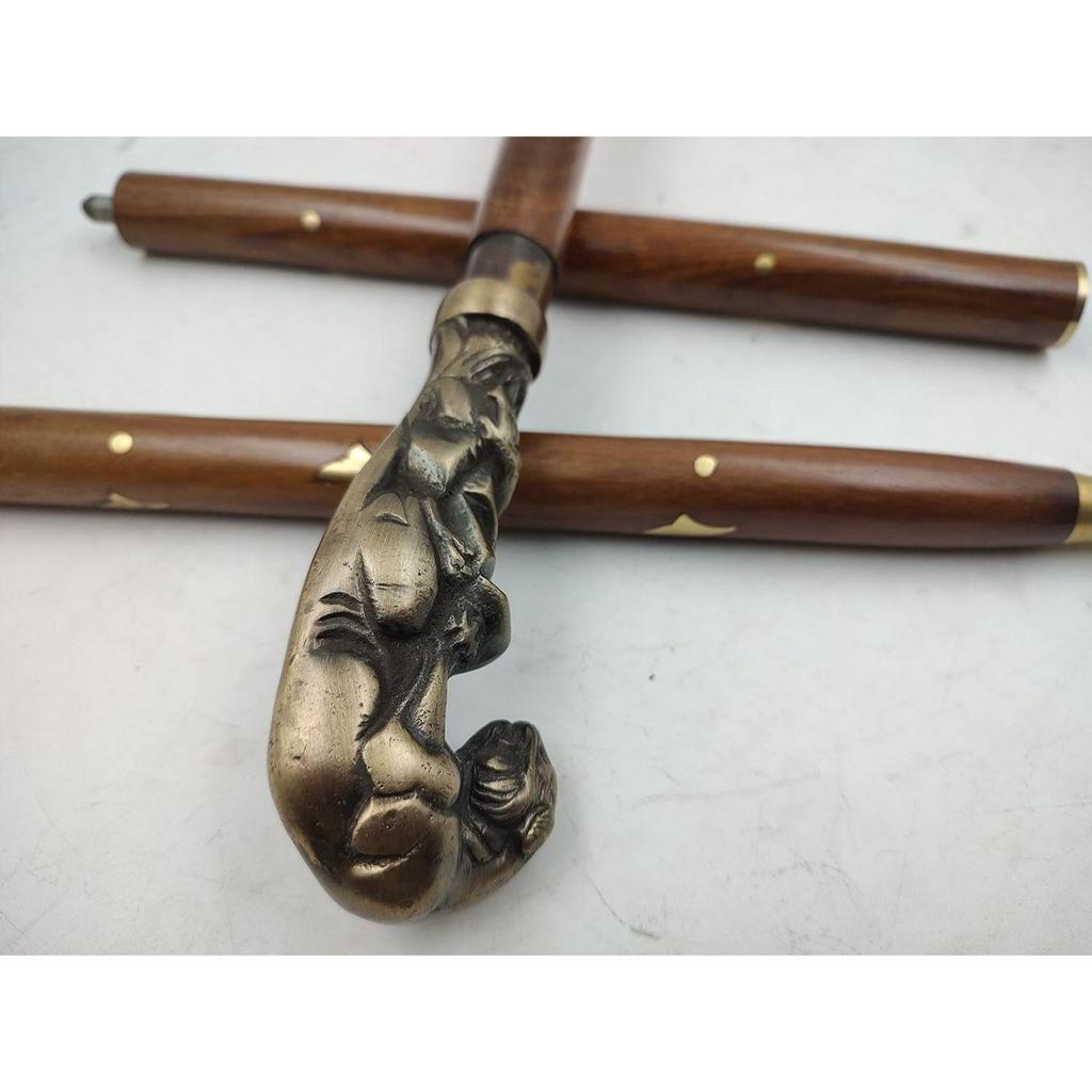 Antique Finish Jaguar Handle Wood Walking Stick Cane 3 Fold Open Nautical Vintage Style