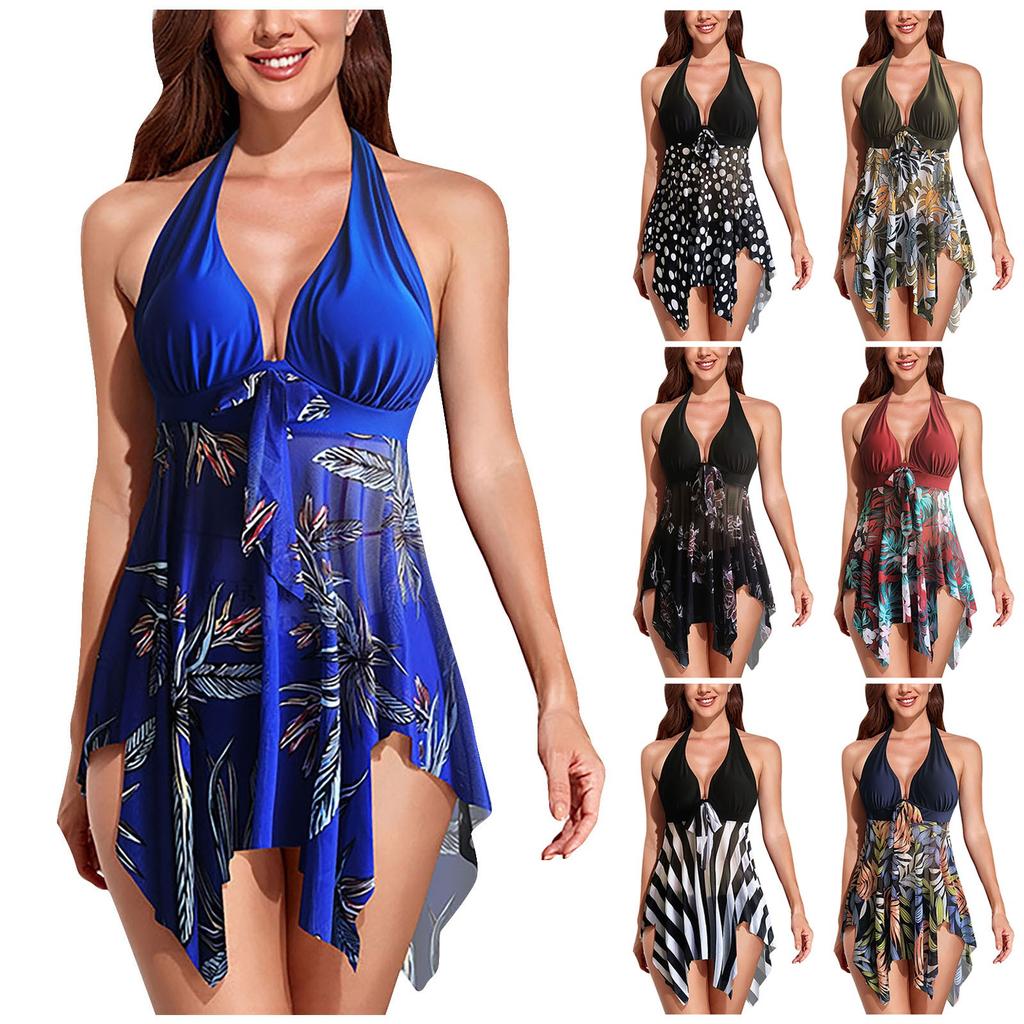 (Qunide) Women's Fashion Split Sexy Backless Print Beach Swimsuit (2 Sets With Chest Pad Without Steel Bra)