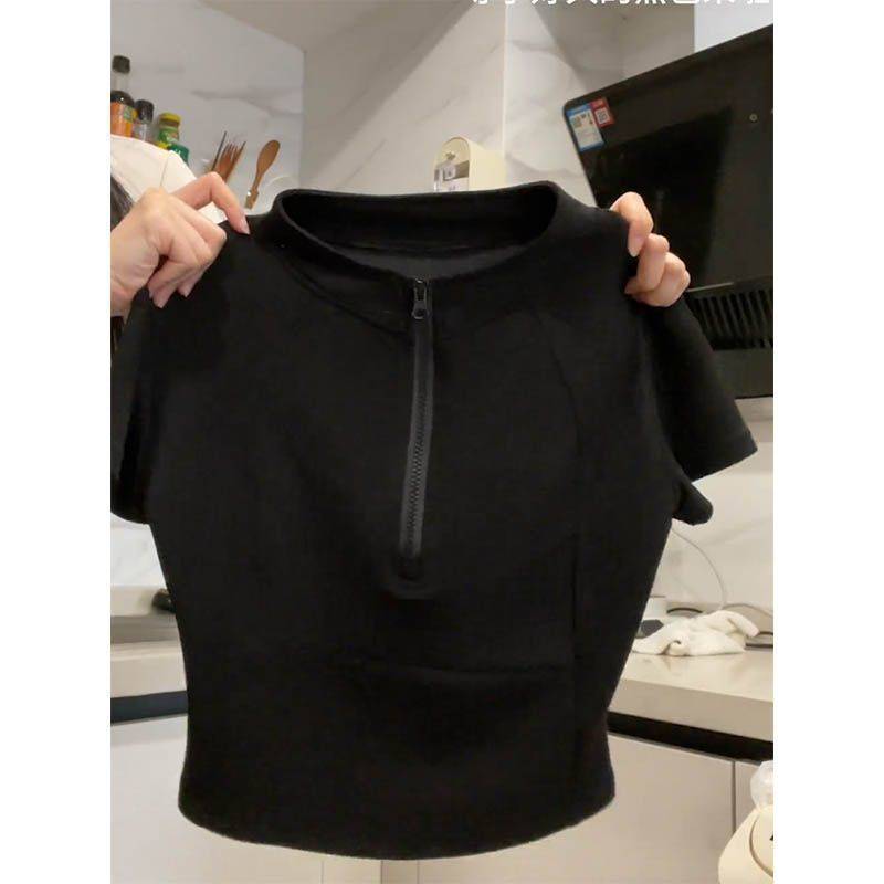 Женская футболка с коротким рукавом на молнии, черная однотонная, летняя, приталенного дизайна, до талии