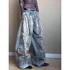 Women's Plus Size Retro Knife-Design Wide-Leg Jeans: Washed, Stained, Curved, Draping Long Pants