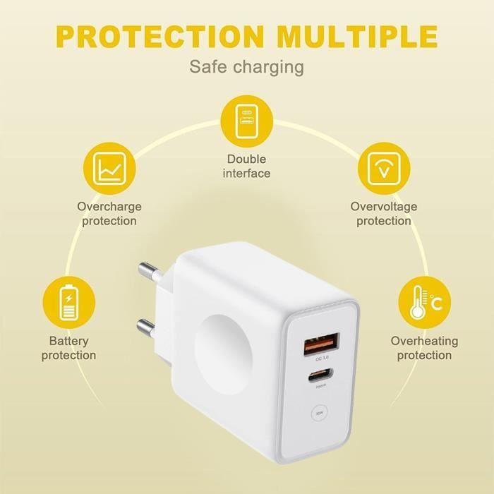 Chargeur Secteur USB 30W PD 20W+QC 3.0 avec Câble USB-C pour Xiaomi Mi 10 - 10 Lite - 10 Pro - 10T - 10T Lite - 10T Pro