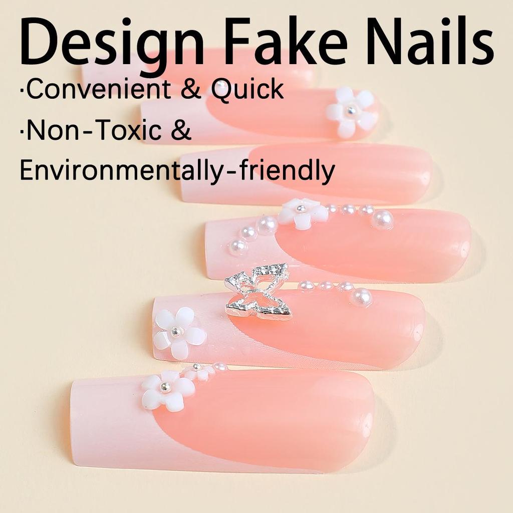 Butterfly Flower Armor Water Pipe Faux Nails Set with Removable Elongated Rectangle Nail Patches