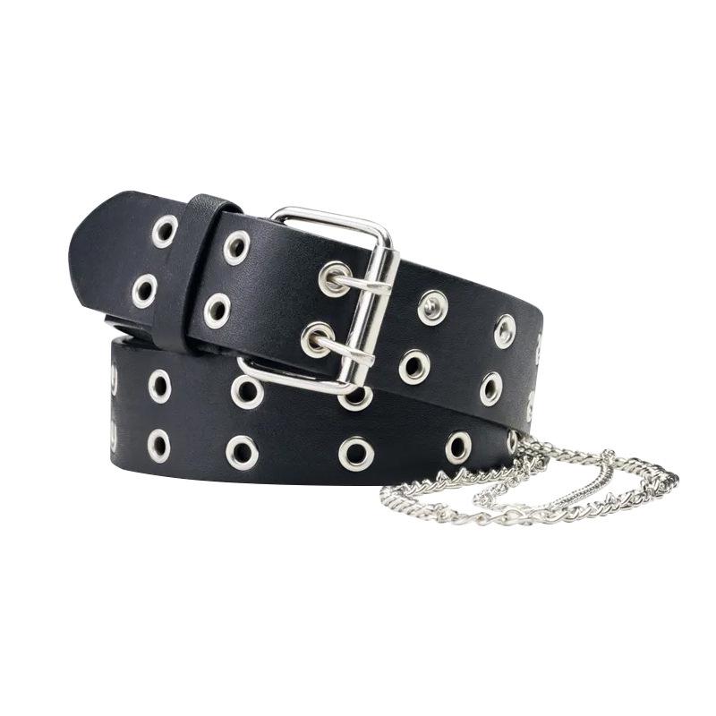 Women's Punk Chain Leather Belt with Rivet & Eyelet Details