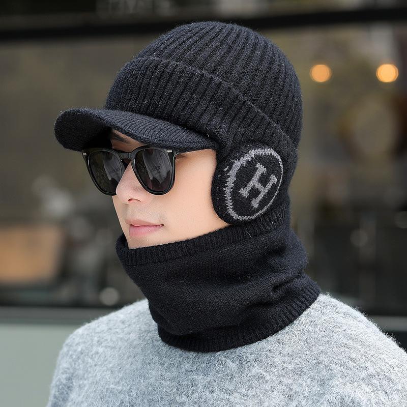New Velvet Warm Ear Bag Knitted Cap Men's Autumn and Winter Cycling Sports Cold-proof Wool Scarf Cover