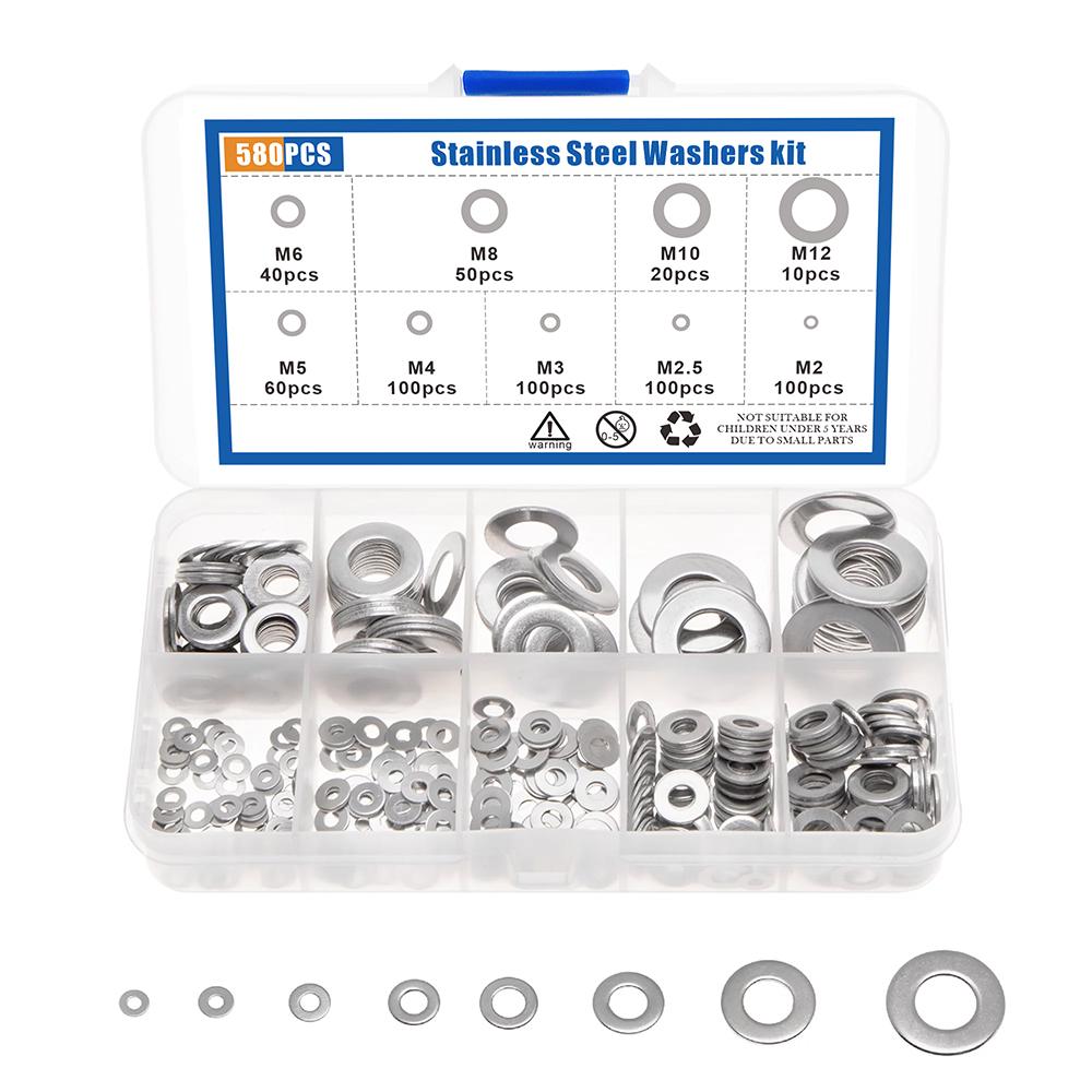180/360/580Pcs 304 Stainless Steel Flat Washer Assortment Kit Plain Washer Oring Gasket Ring Set For Sump Plugs