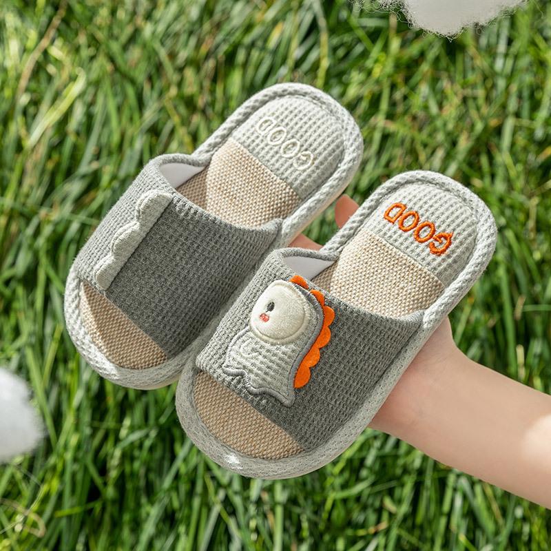 Children's Dinosaur Linen Slippers Female Spring and Autumn Seasons Home with Soft Bottom Cartoon Parent-child Cotton Linen Slippers Wholesale