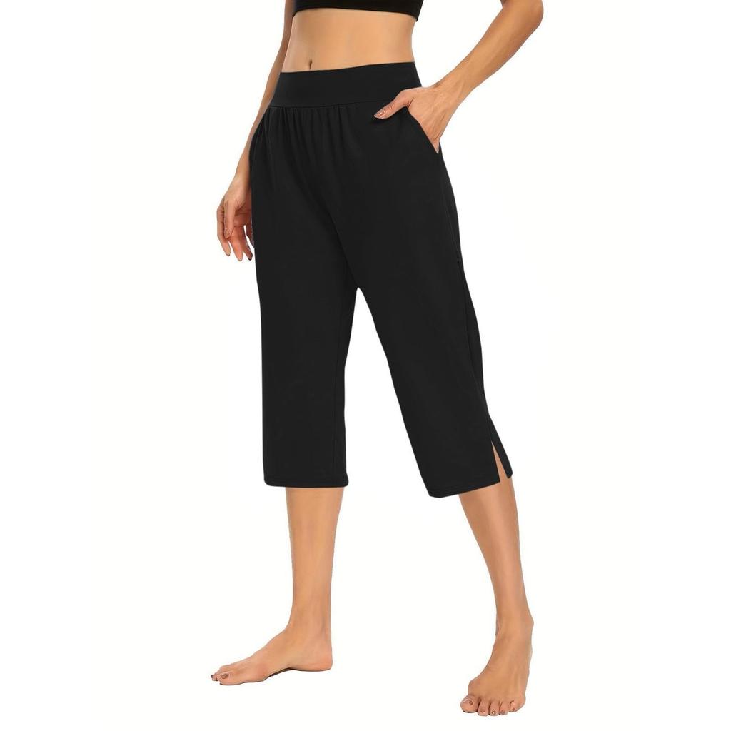 Women Elastic High Waist 3/4 Pant Casual Active Fit Wide Capris Leg Pants Trousers With Pockets