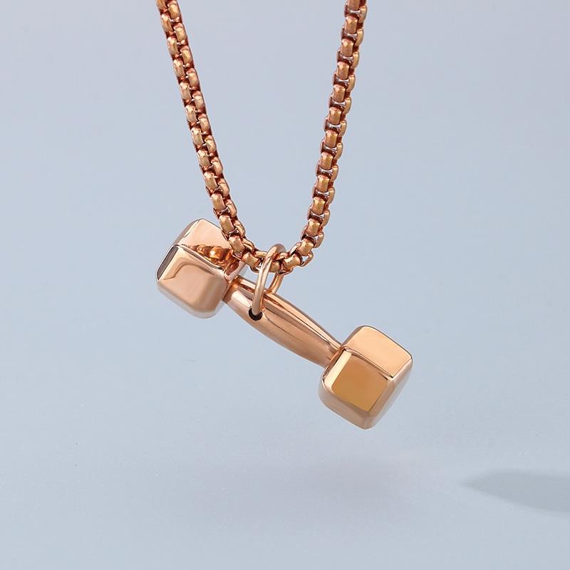 Gold Color Stainless Steel Barbell Pendant Necklace for Men Women Sports Souvenir Gift Square Pearl Chain Charm Trendy Jewelry