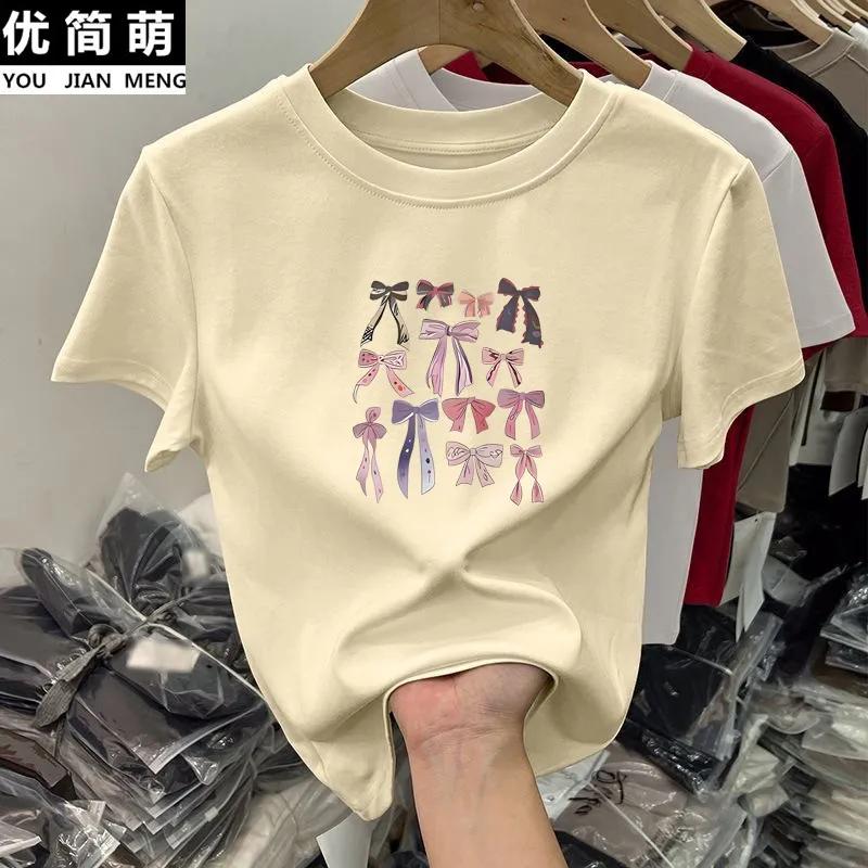 Women Multi Bowknot Graphic Crew Neck Short Sleeve Casual T-shirt