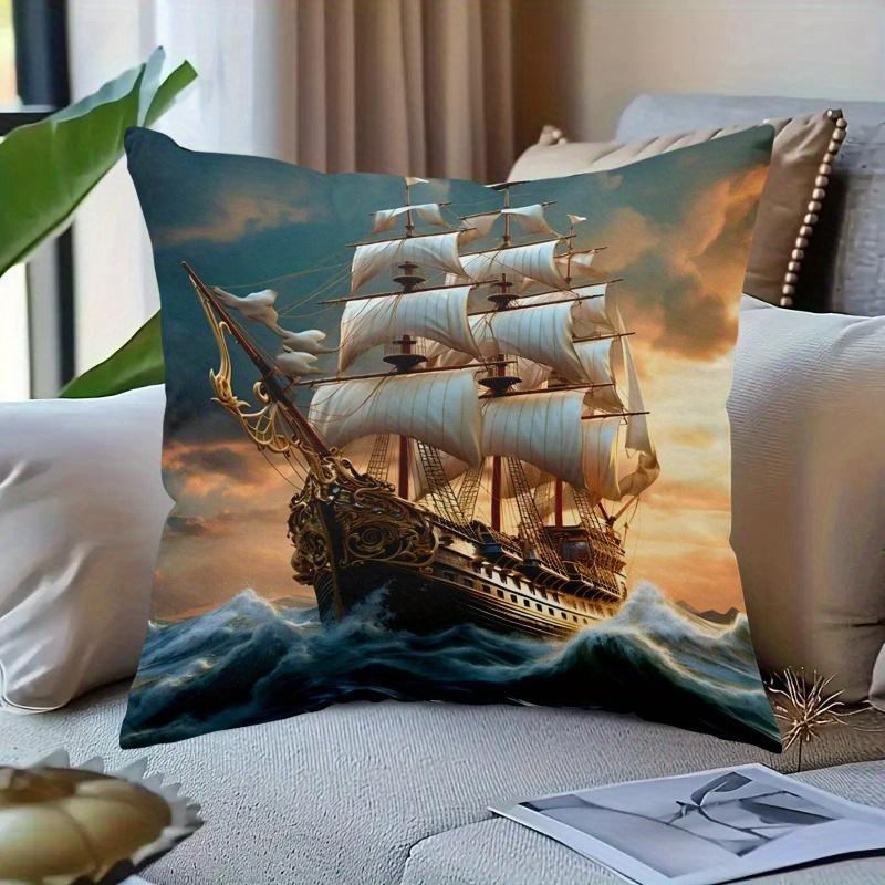 Sailboat Motif Soft Cushion Covers For Beds Sofas Lounge Chairs Nautical Home Decorative Pillowcase 16X26Inch Set Of 2
