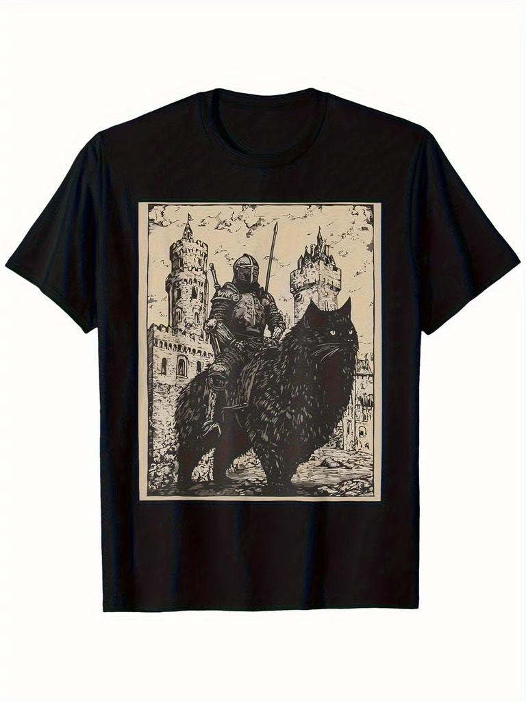 2026 Retro Medieval Knight Black Cat Pattern Unisexs Printed Tshirt Suitable for Roleplaying Use