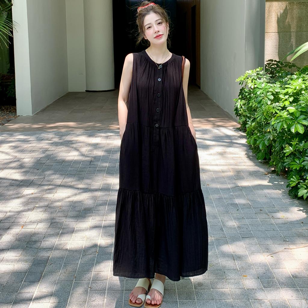 Dimanaf 2025 Plus Size Dress Summer Women Black Sleeveless Vintage Loose Maxi Basic Style Holiday New Dress