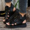 Fashion Handmade Retro Women Platform Sandals Pu Leather Hollow Lace-up Wedges Gladiator Shoe Peep Toe Slingback Thick Bottom Cool Boot