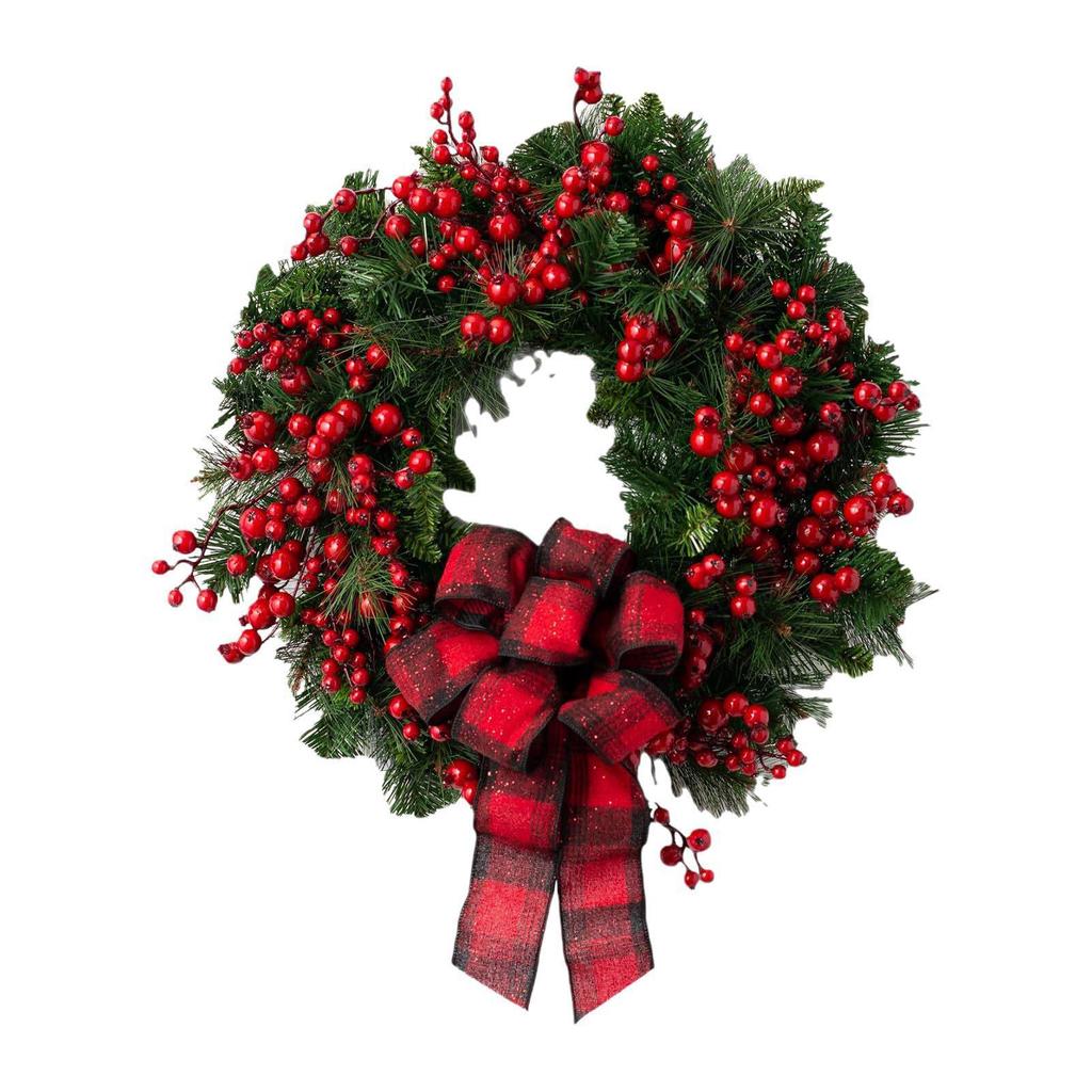 Red & Black Plaid Bow Christmas Wreath with Artificial Berries