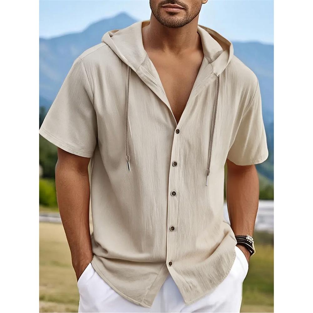 Мужская рубашка с капюшоном из хлопка и льна, дышащая, легкая, летняя, с коротким рукавом, однотонная, стильная, мужской повседневный топ