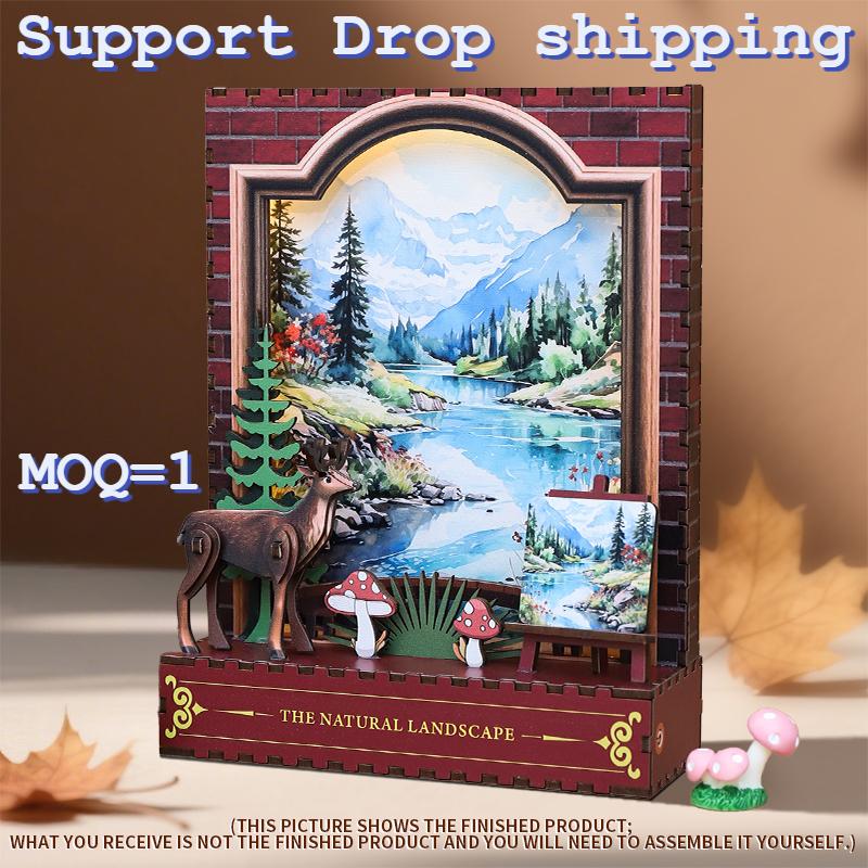 OCHOICE Drop Shipping MOQ=1 Themed Book Nook Kit Mountain Forest Deer LED Miniature DIY Craft for Adults 3D Wooden Puzzle