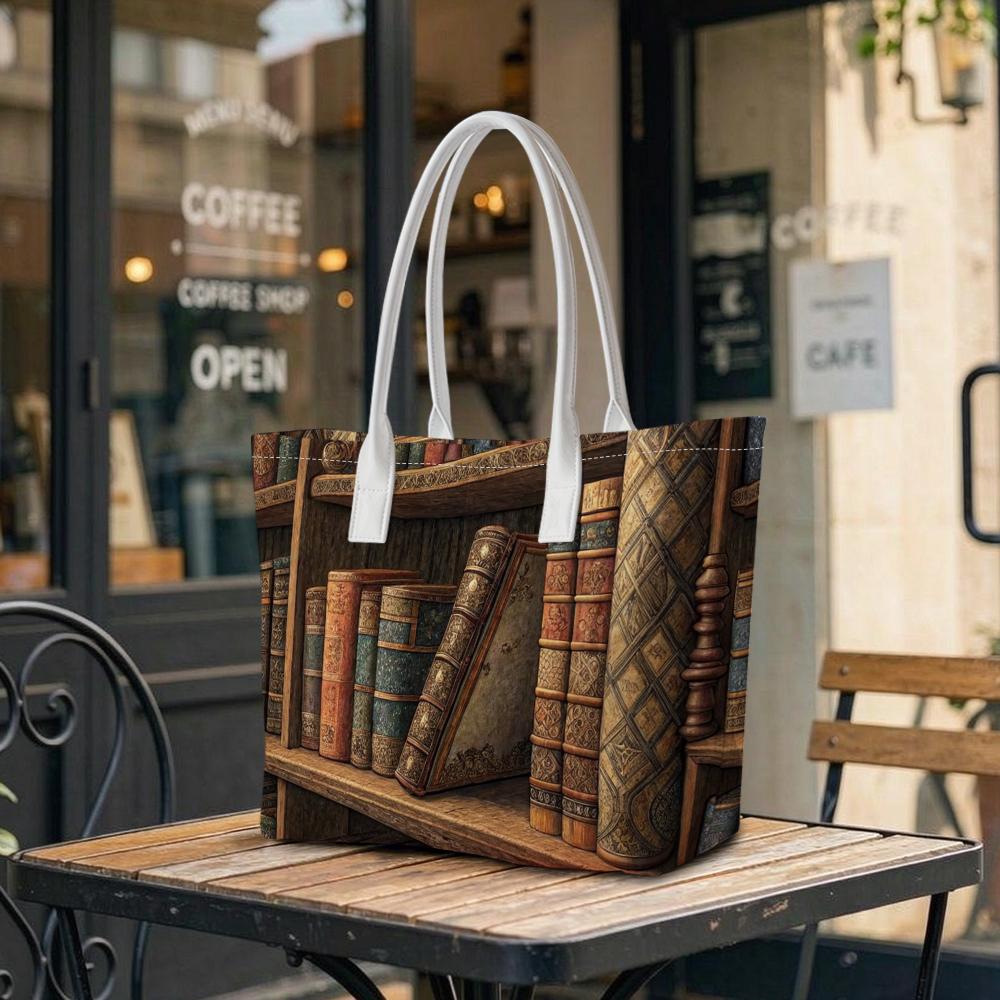 Vintage Book Print Tote Bag Casual All-match Shopping Handbag for Daily Use