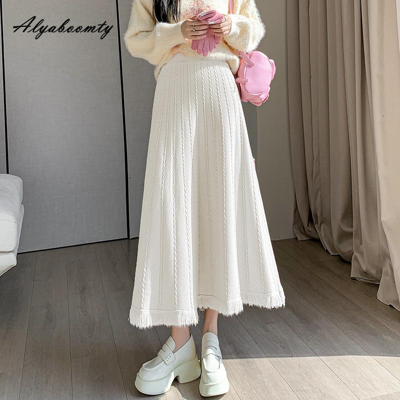 Корейская мода, осенне-зимняя женская юбка-миди с высокой талией, серая, черная, абрикосовая, кофейная, толстая теплая юбка, элегантная женская юбка с кисточками, женские юбки