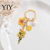 Strong Chain Keyring Keychain Pendant with Round Imitation Pearls, Flower Butterfly Enamel Charm Key Ring, Pastoral Style Layered Holder