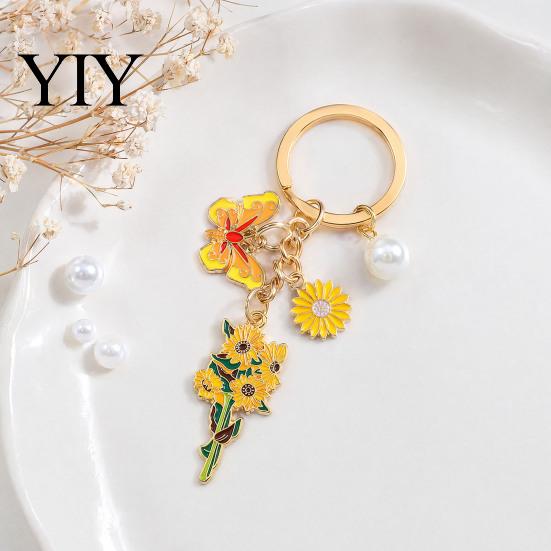 Strong Chain Keyring Keychain Pendant with Round Imitation Pearls, Flower Butterfly Enamel Charm Key Ring, Pastoral Style Layered Holder