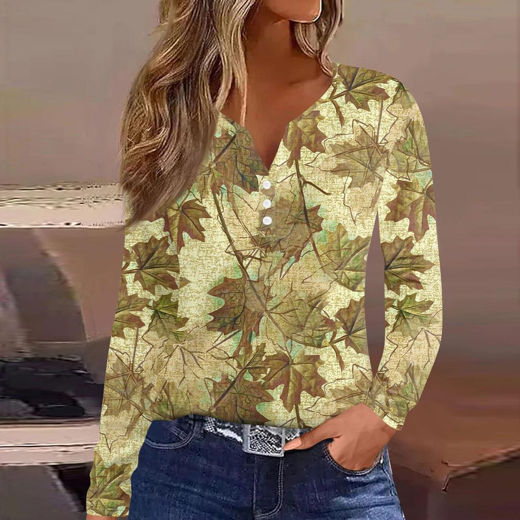 Женская модная повседневная футболка с V-образным вырезом и принтом листьев, с длинными рукавами и декоративными пуговицами